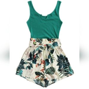 SHEIN Tropical Print Paperbag Waist Belted Combo Tank Romper